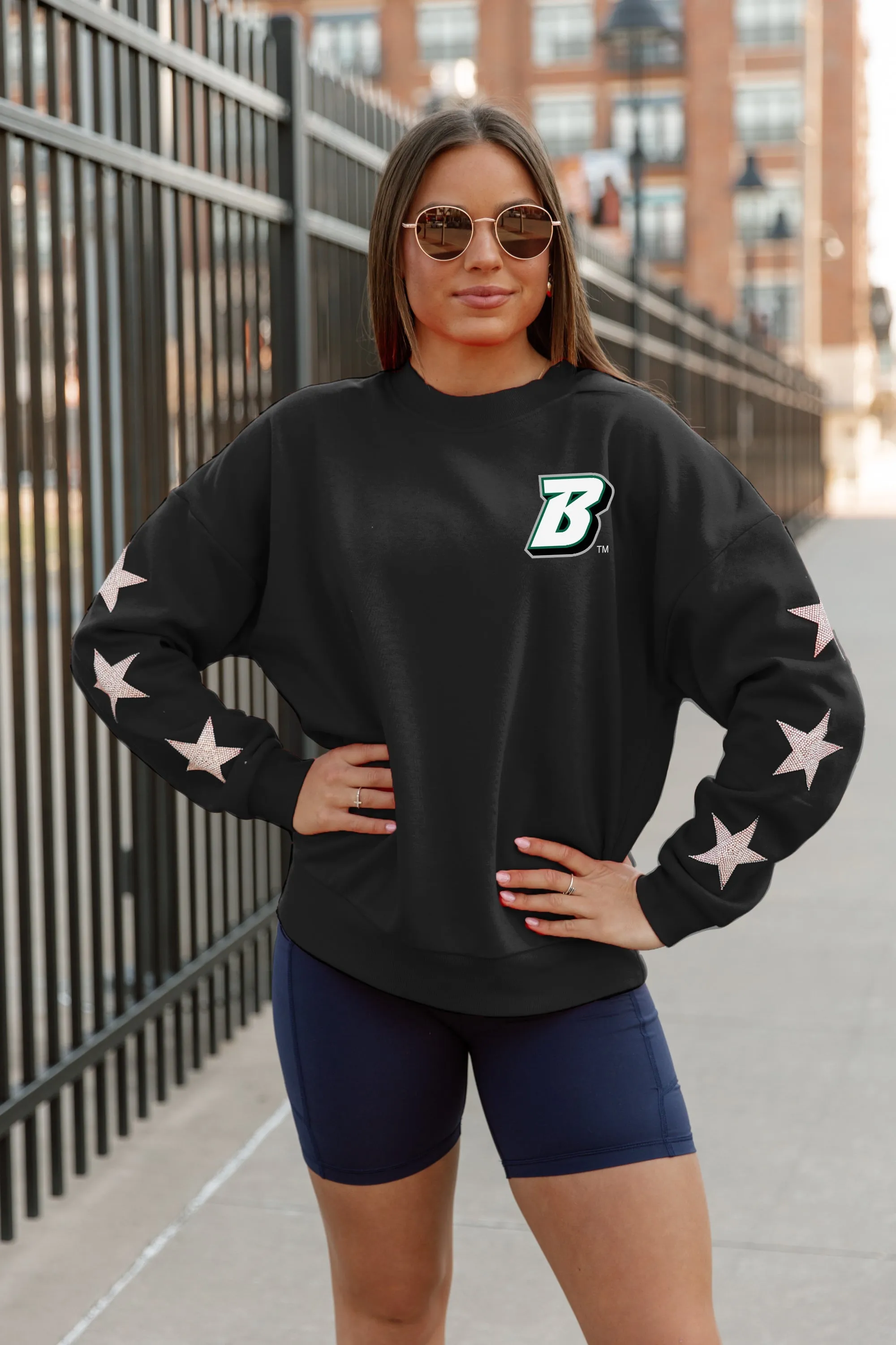 BINGHAMTON BEARCATS DEDICATION EMBELLISHED STAR SLEEVE CREWNECK PULLOVER