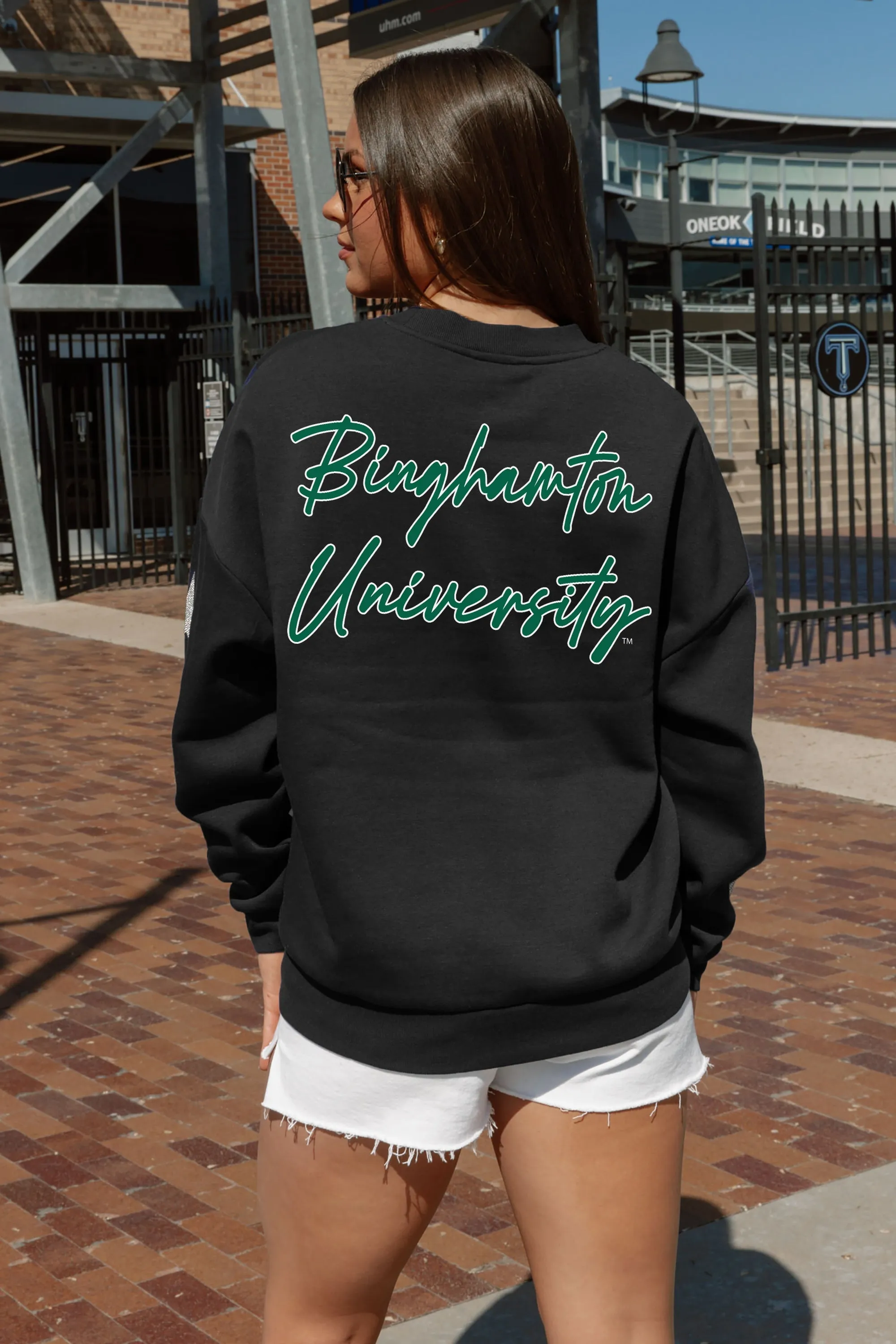 BINGHAMTON BEARCATS DEDICATION EMBELLISHED STAR SLEEVE CREWNECK PULLOVER