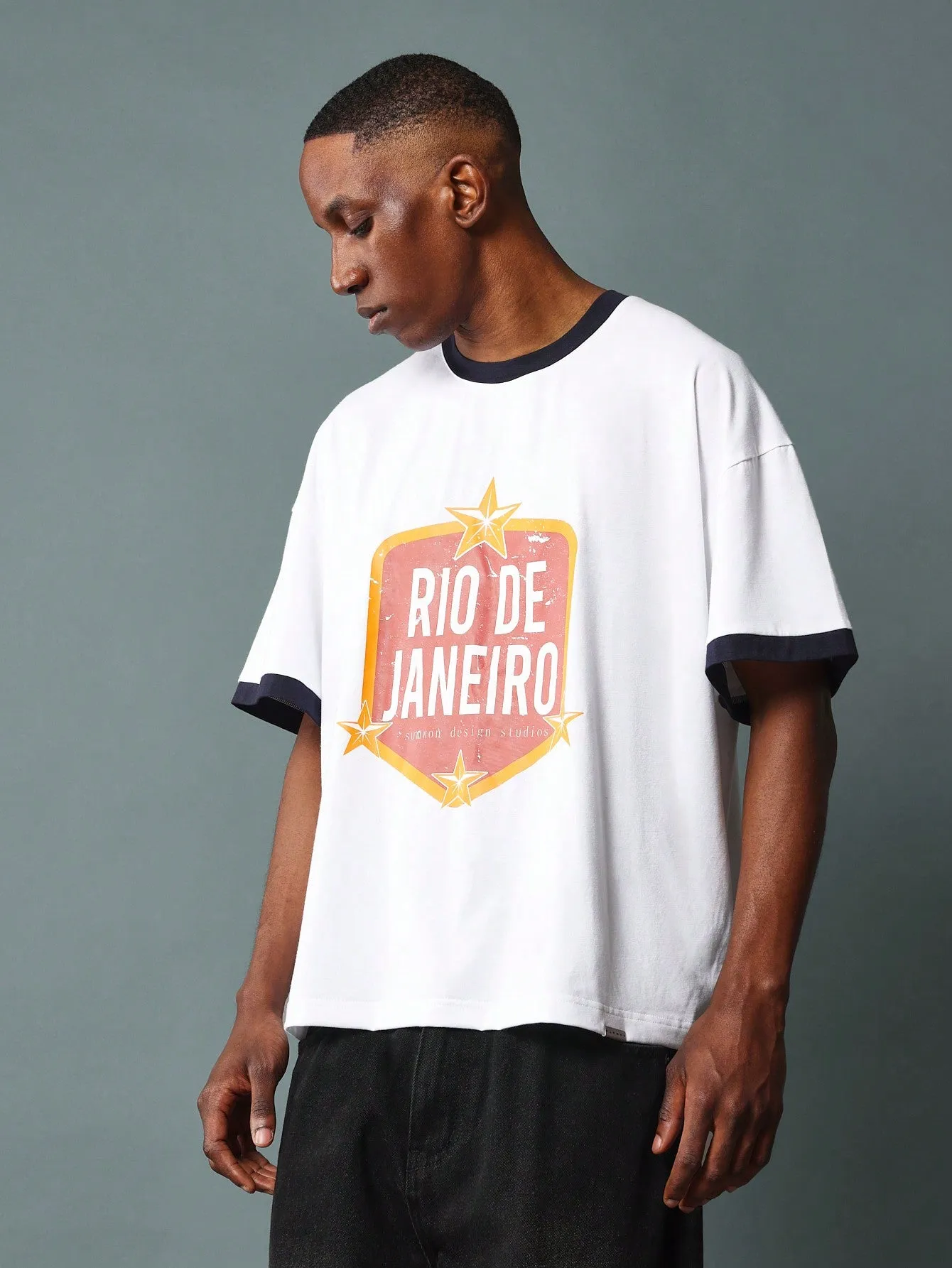 Boxy Fit Short Sleeve Ringer Tee With Graphic Print
