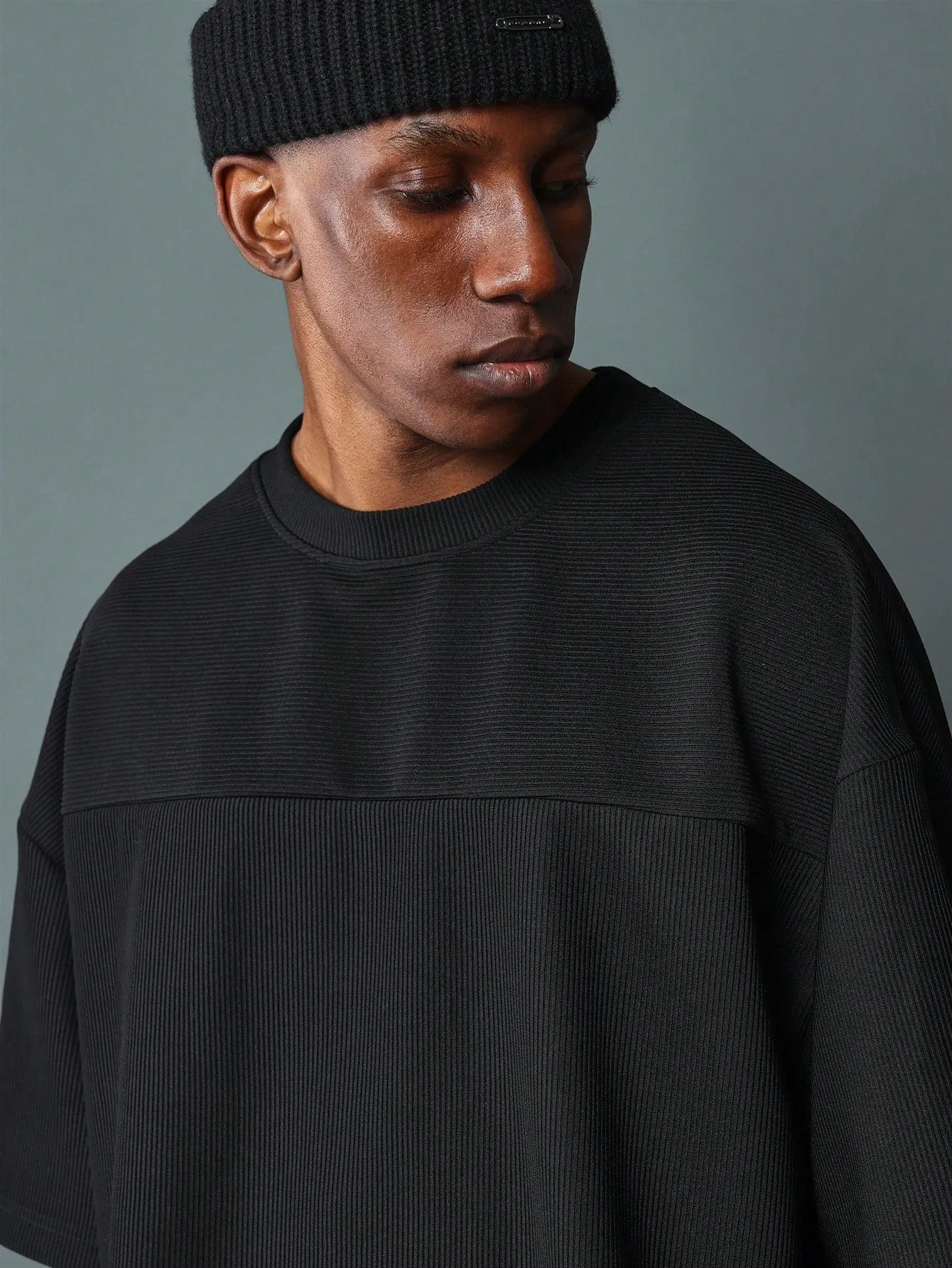 Boxy Fit Textured Tee With Cross Grain Panels