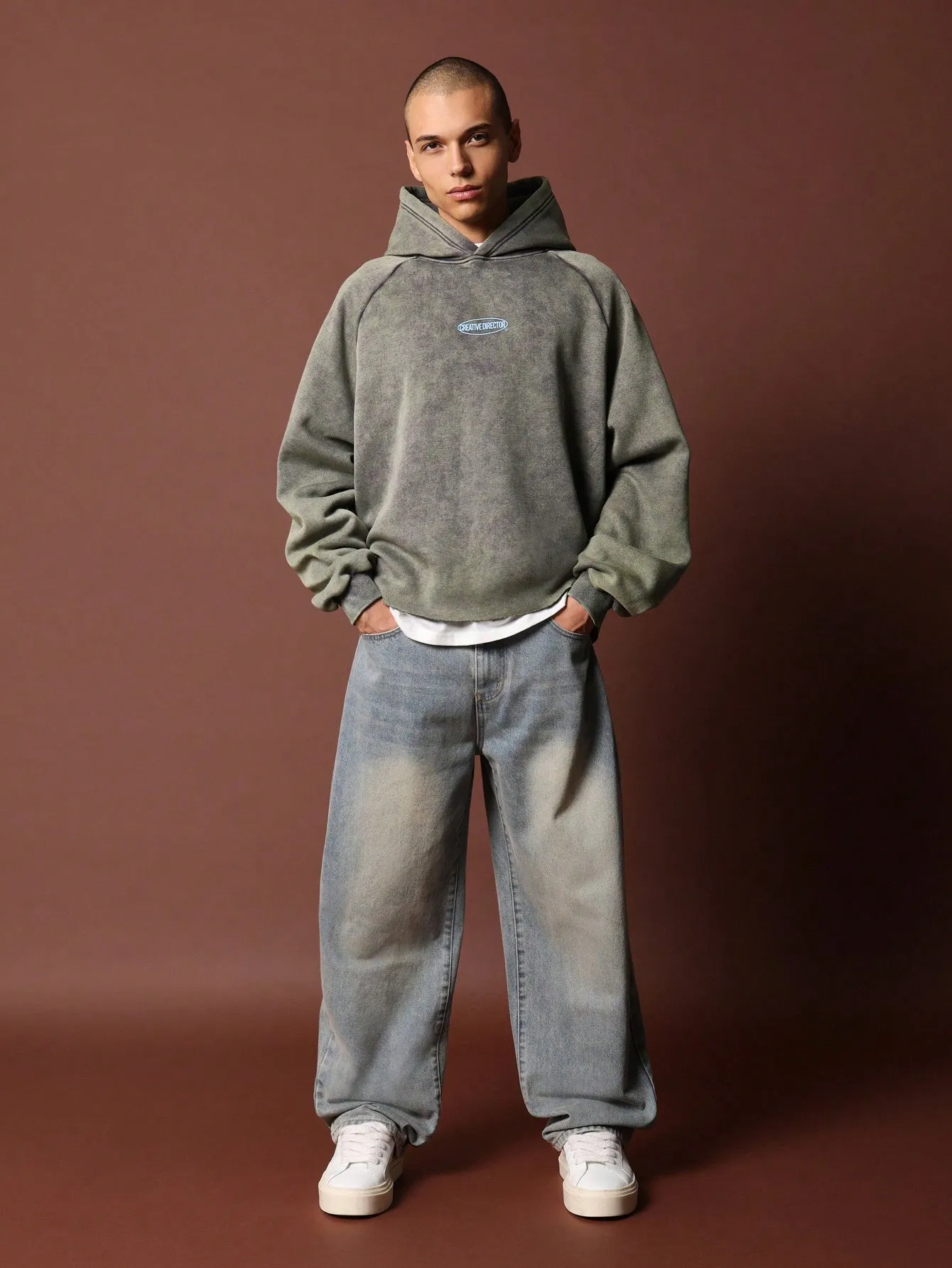 Cropped Washed Overhead Hoodie With Small Graphic Print
