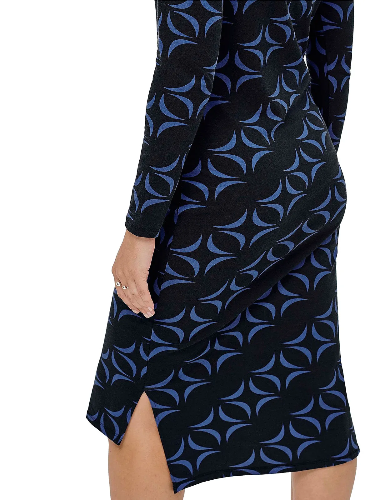Ladies Ellos Black & Blue Geometric Print Soft Stretchy Midi Dress
