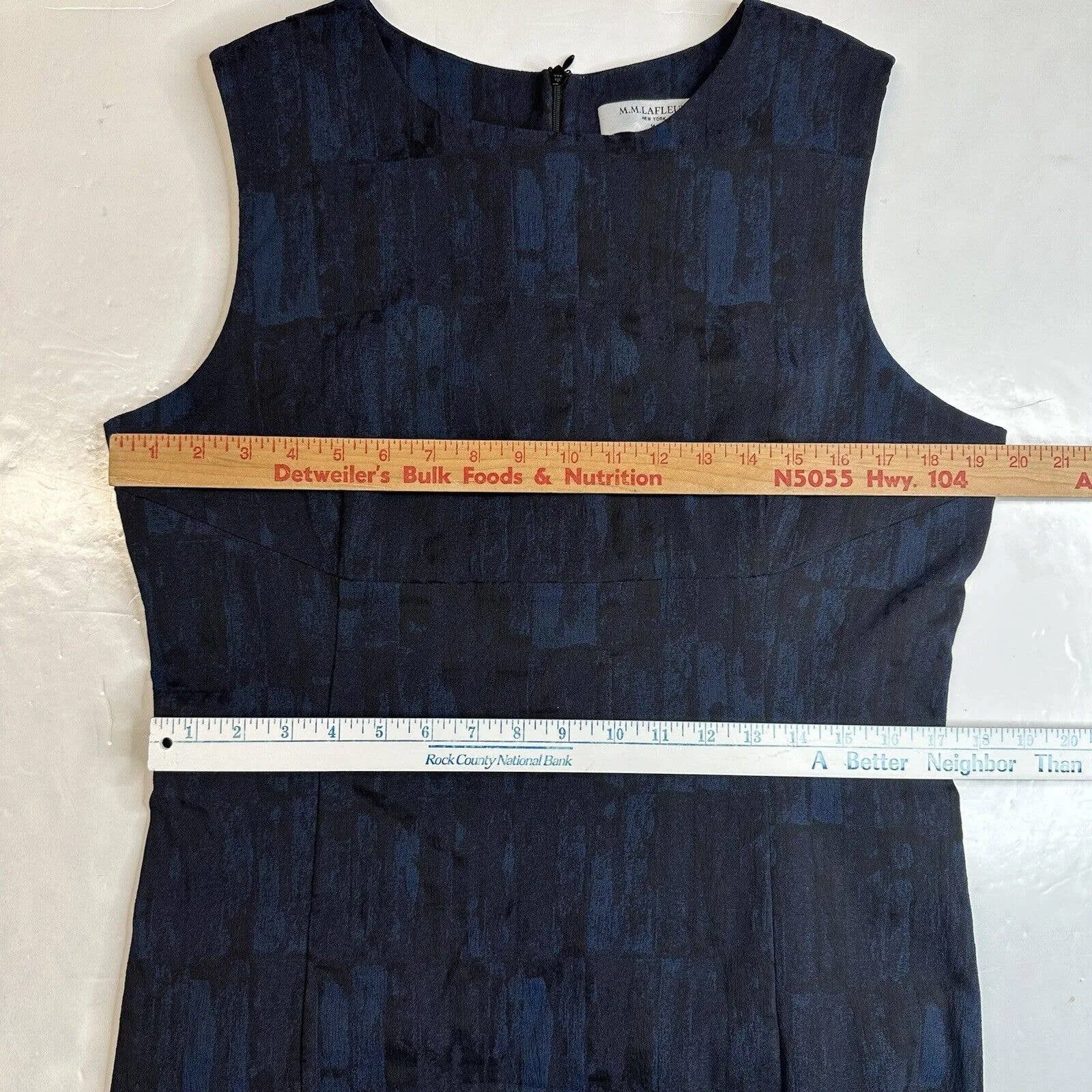 MM LaFleur Shirley Sheath Dress 14 Blue/Black Jacquard Sleeveless Stretch Slit