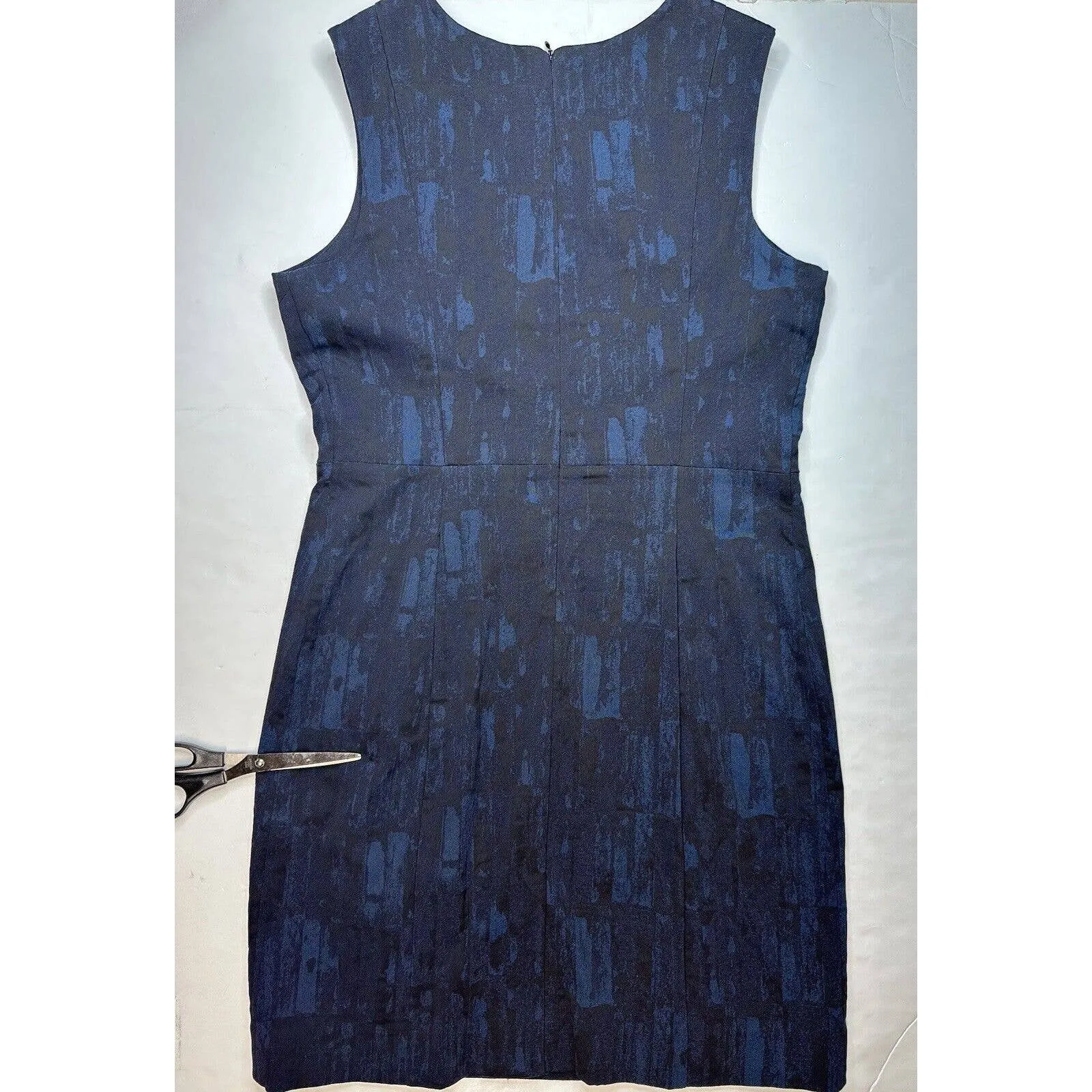 MM LaFleur Shirley Sheath Dress 14 Blue/Black Jacquard Sleeveless Stretch Slit
