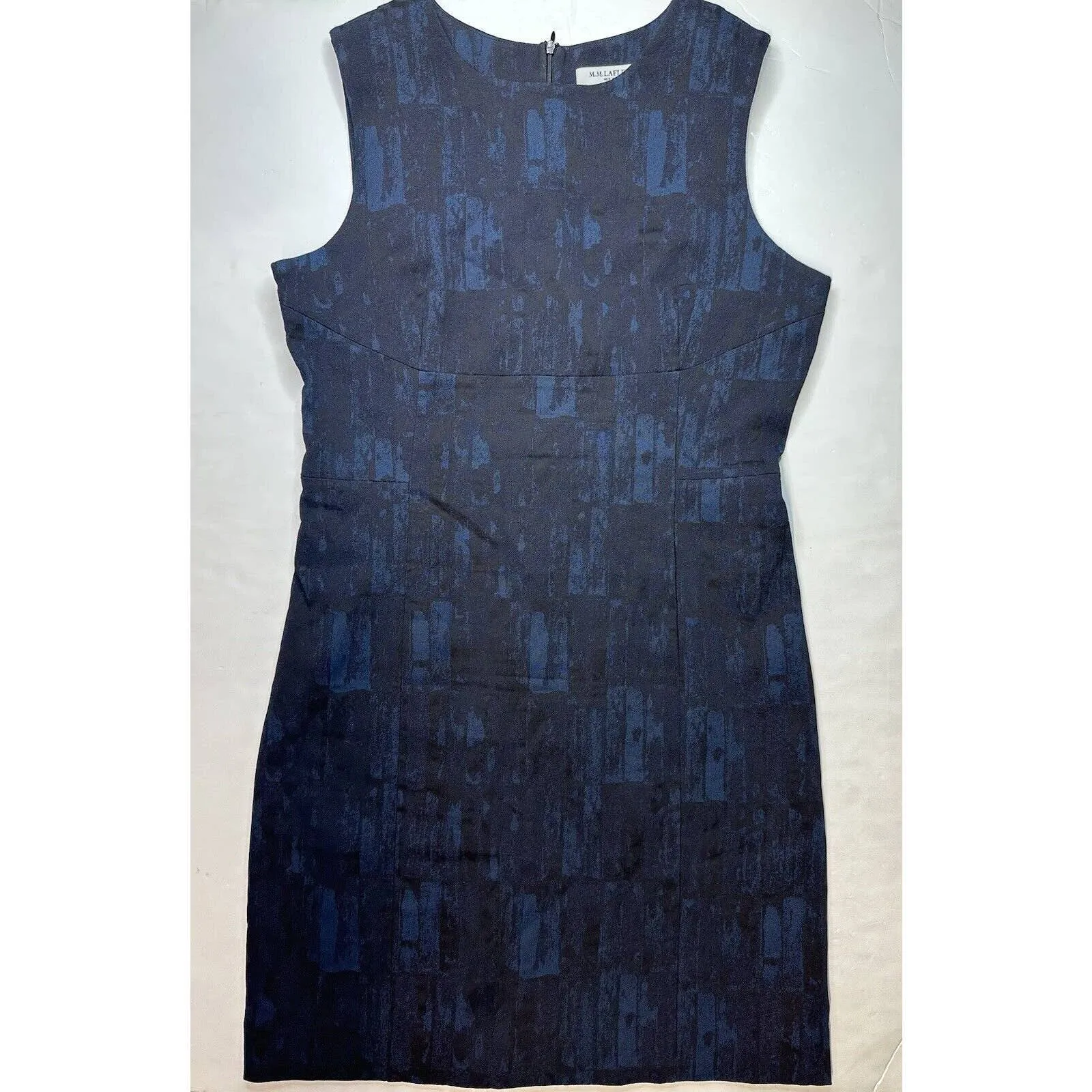 MM LaFleur Shirley Sheath Dress 14 Blue/Black Jacquard Sleeveless Stretch Slit