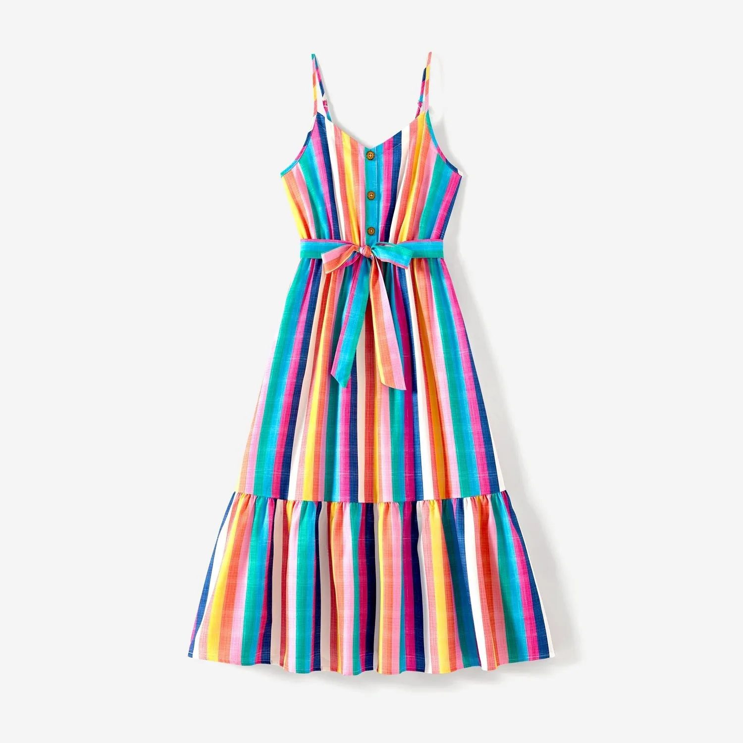 Mommy and Me Colorful Striped Sleeveless Belted Dresses