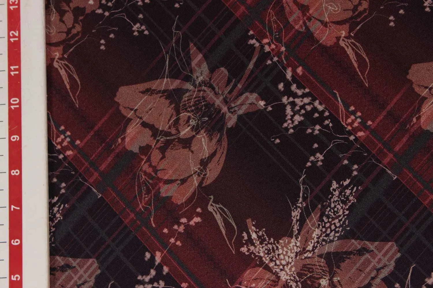 Red , Grey Floral Viscose Spun Fabric