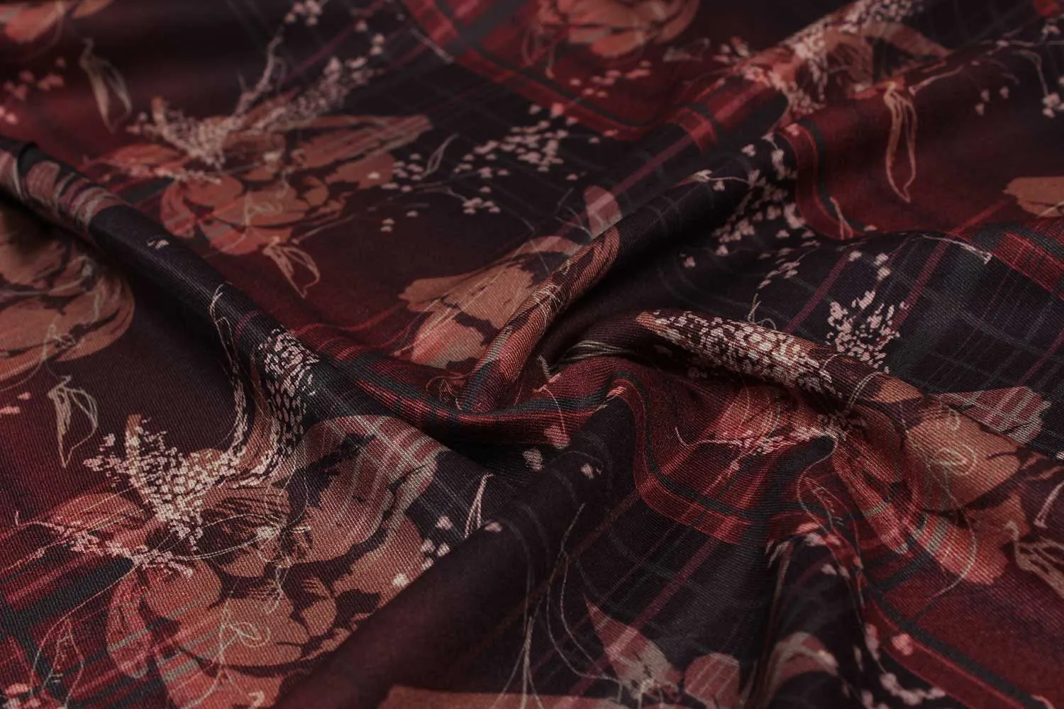 Red , Grey Floral Viscose Spun Fabric