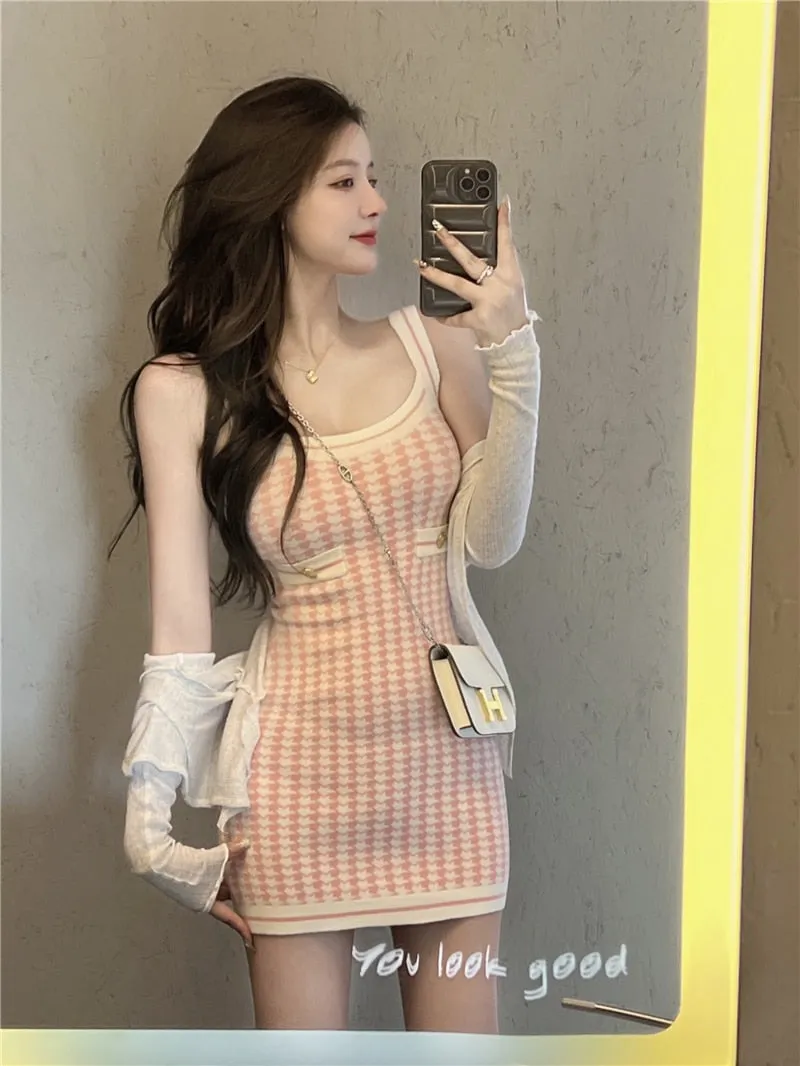 Soft Girl Pink Houndstooth Mini Knitted Dress