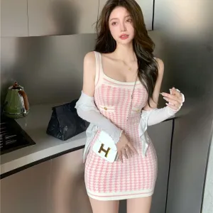 Soft Girl Pink Houndstooth Mini Knitted Dress
