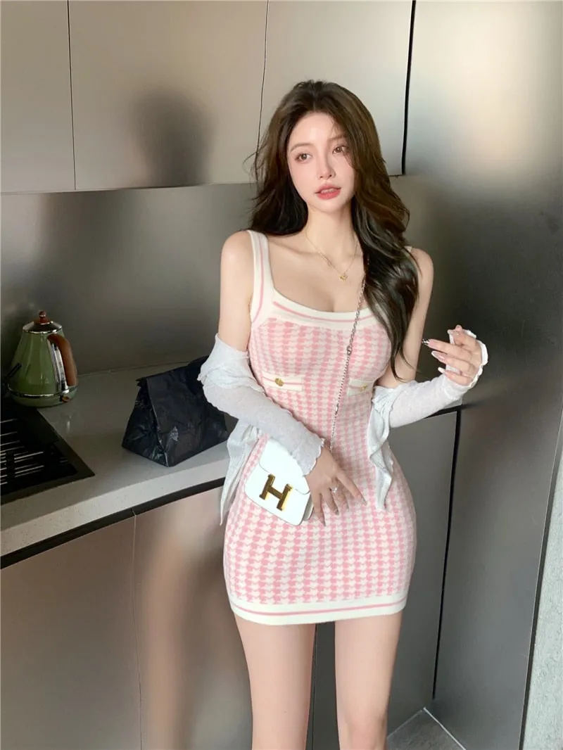 Soft Girl Pink Houndstooth Mini Knitted Dress