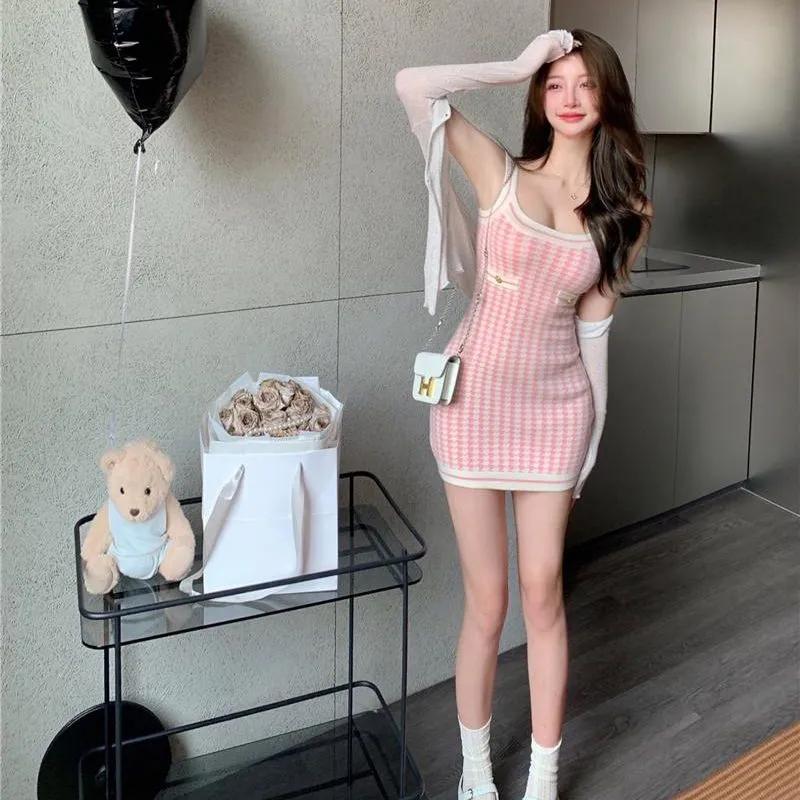 Soft Girl Pink Houndstooth Mini Knitted Dress