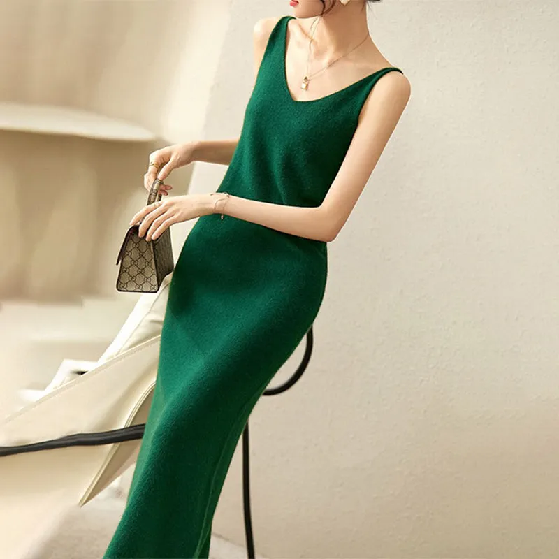 Soft V-Neck Knitted Midi Dress for Women