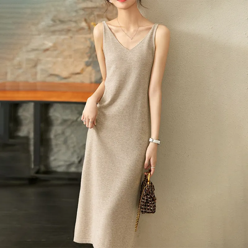 Soft V-Neck Knitted Midi Dress for Women