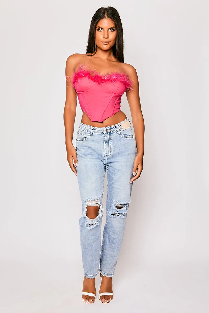 Sophie - Hot Pink Feather Trim Top