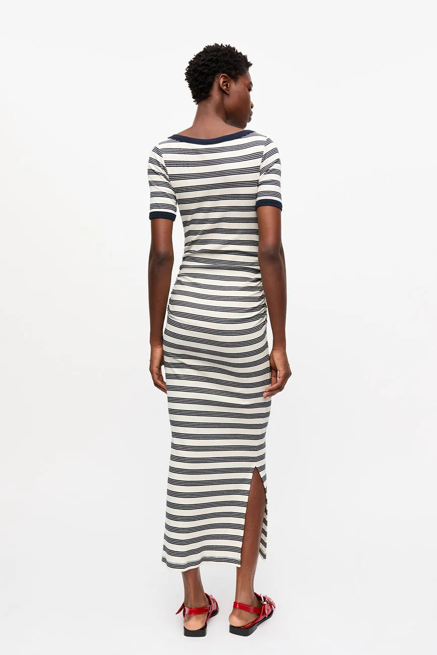STRIPED SOFT COTTON RIB SHORT SLEEVE DRESS