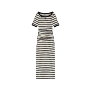 STRIPED SOFT COTTON RIB SHORT SLEEVE DRESS