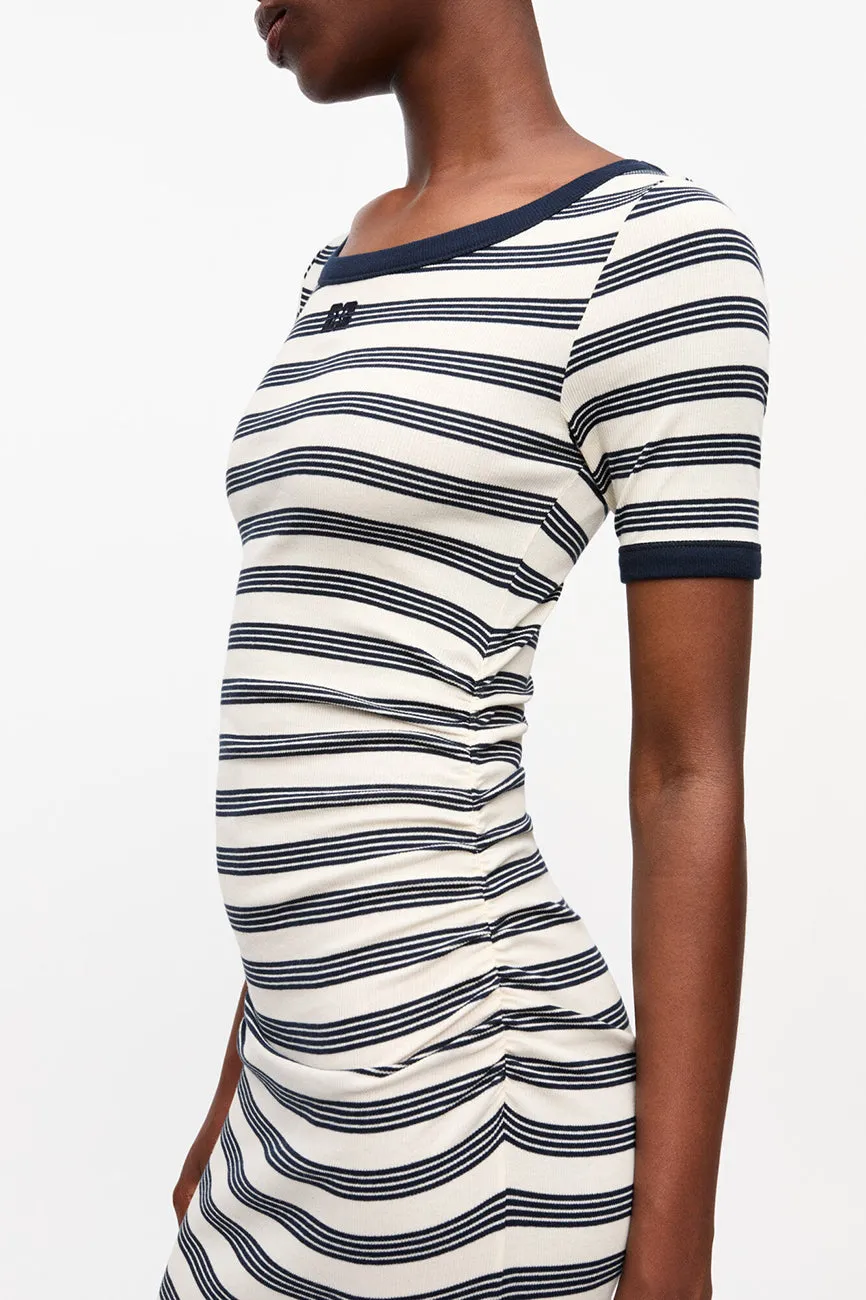 STRIPED SOFT COTTON RIB SHORT SLEEVE DRESS