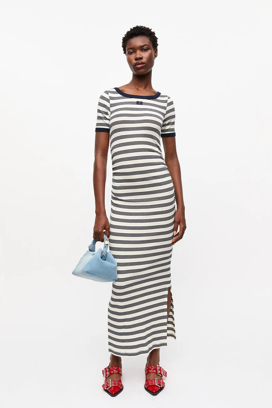 STRIPED SOFT COTTON RIB SHORT SLEEVE DRESS
