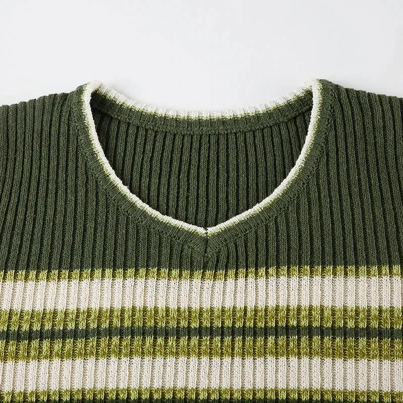 TAVIMART  -  Casual Striped Knitted Sweater Basic V-Neck Long Sleeve Pullovers Women Autumn Winter Fashion Streetwear Ladies