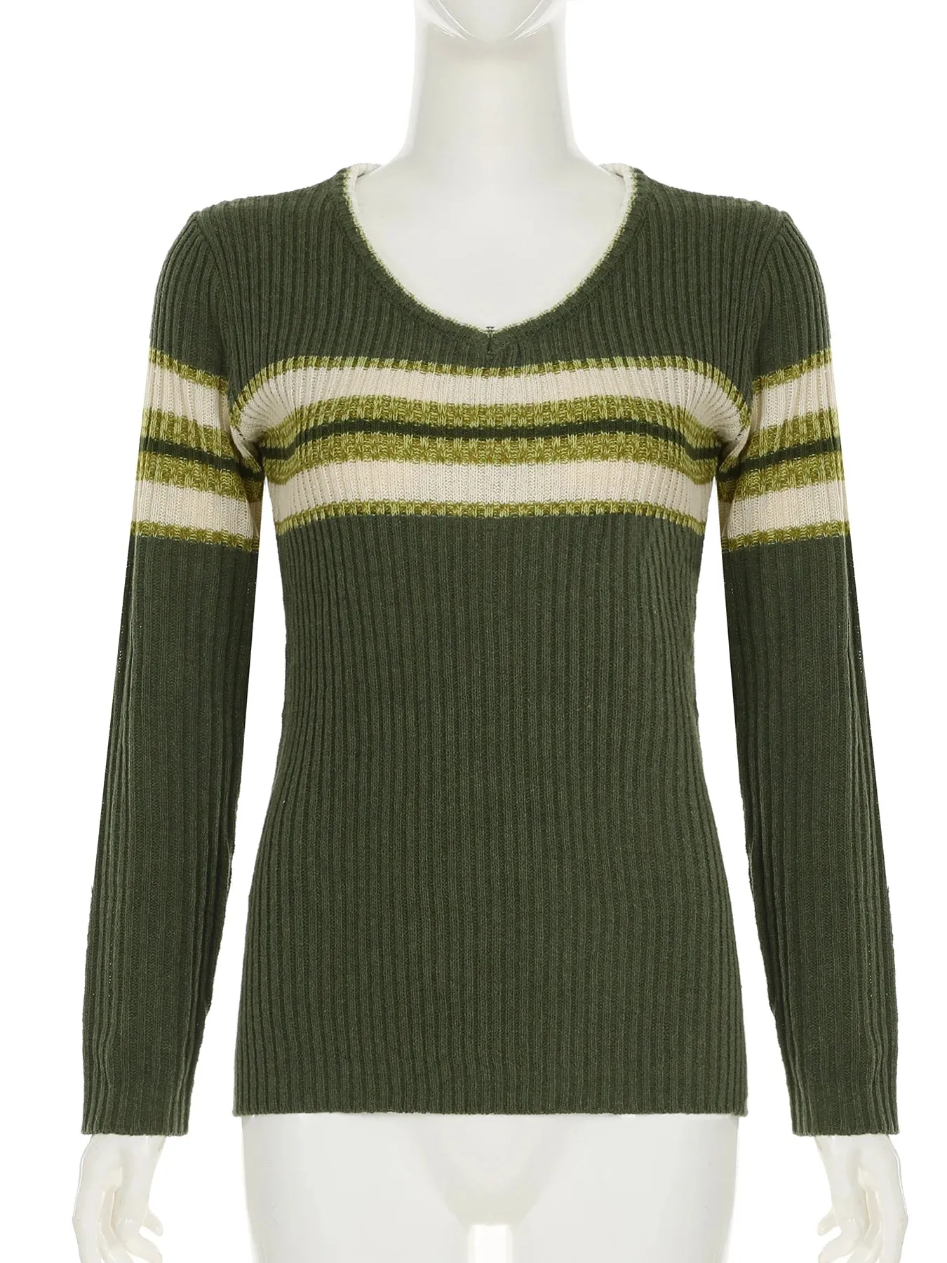 TAVIMART  -  Casual Striped Knitted Sweater Basic V-Neck Long Sleeve Pullovers Women Autumn Winter Fashion Streetwear Ladies