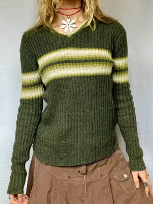 TAVIMART  -  Casual Striped Knitted Sweater Basic V-Neck Long Sleeve Pullovers Women Autumn Winter Fashion Streetwear Ladies
