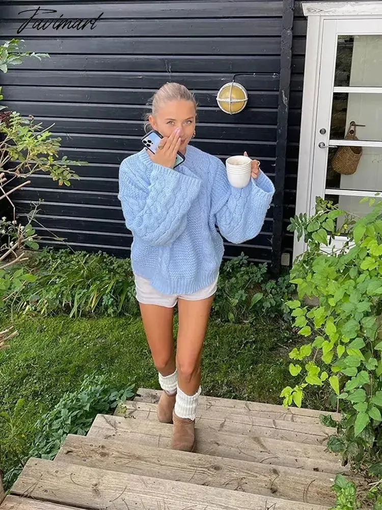 Tavimart Women Chic Blue Pleated Sweater Pullovers Loose O Neck Long Sleeve Knitted Jumpers Autumn Casual Female High Streetwear