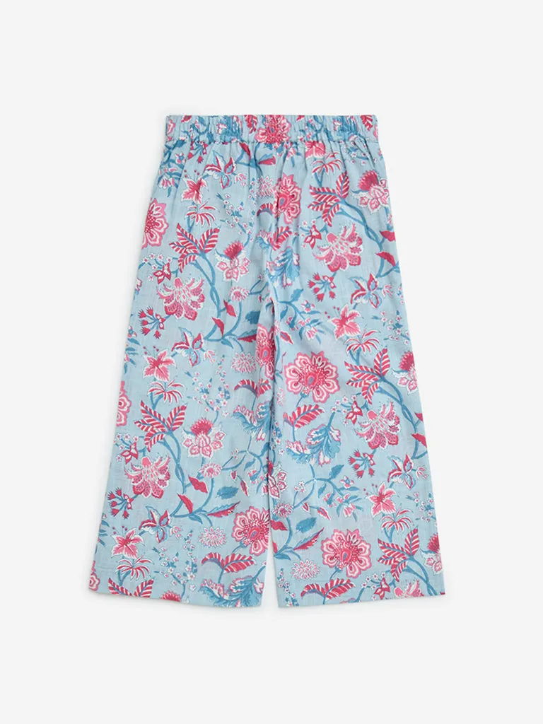 Utsa Kids Blue Floral Pattern Cotton Ethnic Pants - (2-8yrs)