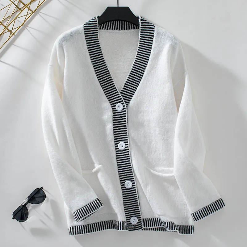 Women's Knitwear Striped Contrast Color V-neck Single Breasted