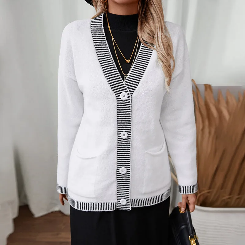 Women's Knitwear Striped Contrast Color V-neck Single Breasted