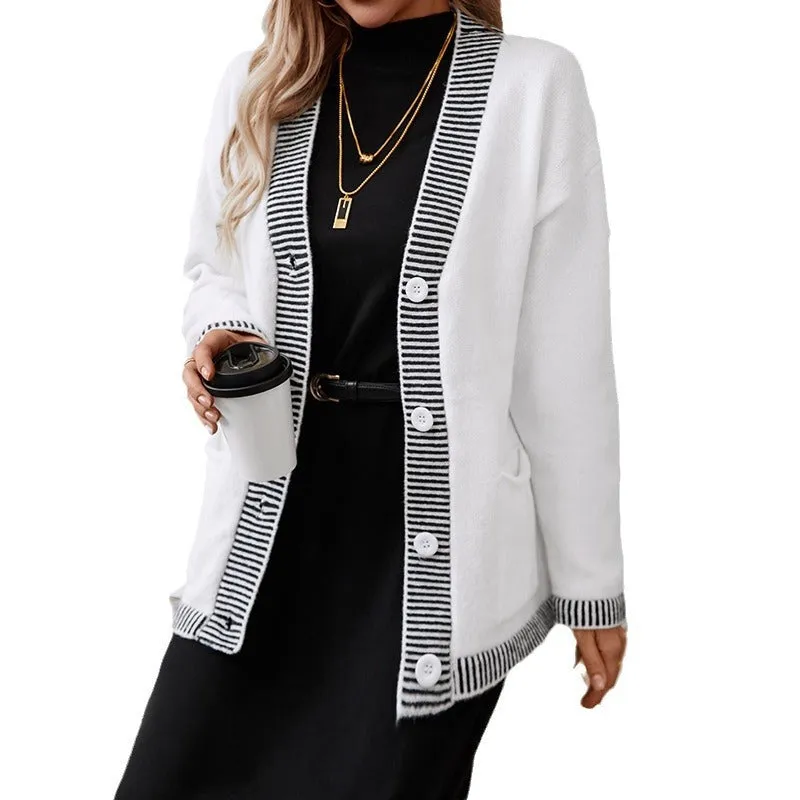 Women's Knitwear Striped Contrast Color V-neck Single Breasted