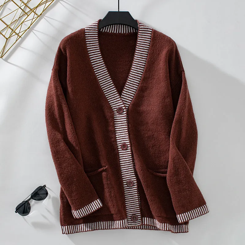 Women's Knitwear Striped Contrast Color V-neck Single Breasted