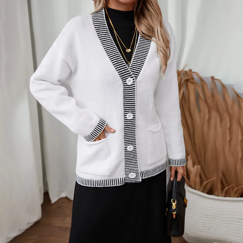 Women's Knitwear Striped Contrast Color V-neck Single Breasted