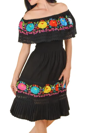 Womens Traditional Embroidered Manta Off Shoulder Pleated Bottom Dress Floral Black